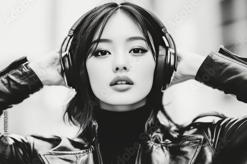 Woman wearing headphones enjoys music outdoors in urban setting on a sunny day