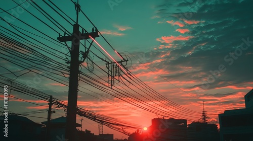 A close-up bottom view of overhead power lines against a sunset sky in Jakarta, Indonesia, with digital laser beams. Industrial technology background.