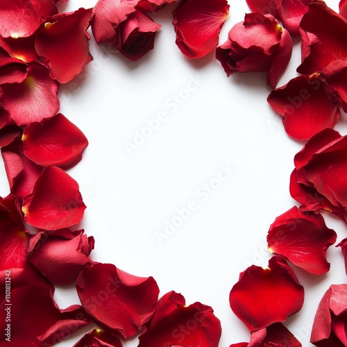Heart shape made of red rose petals on white background for romantic occasions