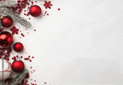 Festive holiday decorations with red and gold ornaments and evergreen branches