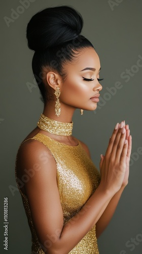 Young model in a sparkling dress poses elegantly with hands together against ...