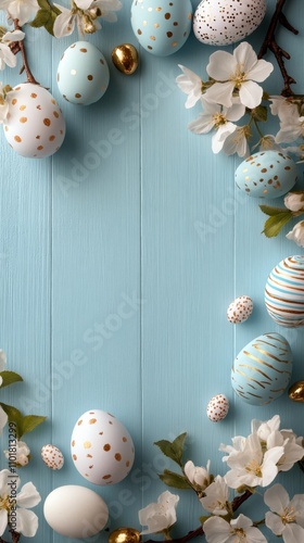 Decorative spring arrangement with pastel colored eggs and blossoms on a blue...