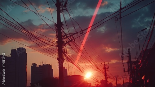 A close-up bottom view of overhead power lines against a sunset sky in Jakarta, Indonesia, with digital laser beams. Industrial technology background.