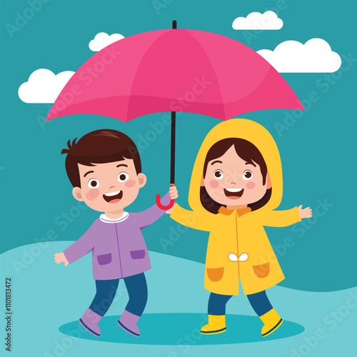 Happy kid in a red raincoat and rubber boots holding a wet parasol - playing in rainy weather with a smile cartoon vector illustration