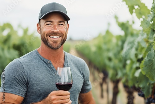 Smiling man enjoying red wine in vineyard during sunset with lush grapevines ...