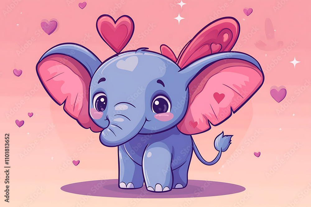 Fototapeta premium Cute cartoon elephant with hearts and a pastel background, conveying love and joy.