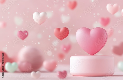 Floating hearts create a romantic atmosphere in a soft pink setting