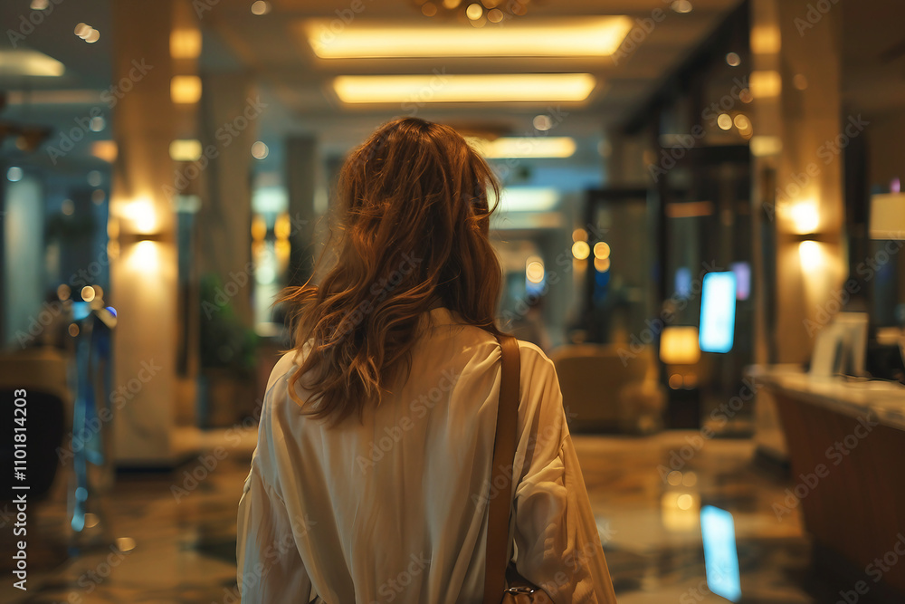 Generative AI Image of a Female Traveler Arriving in Hotel Corridor for Vacation Generative AI Image of a Female Traveler Arriving in Hotel Corridor for Vacation