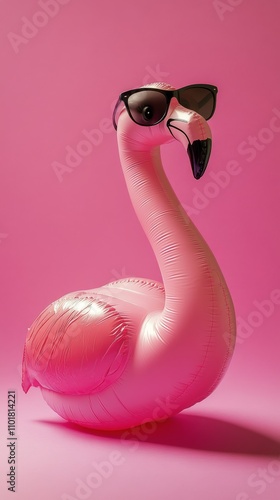 Inflatable flamingo wearing sunglasses against a vibrant pink background