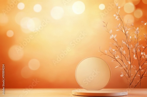 Elegant round display stand with soft background and decorative branch in ser...