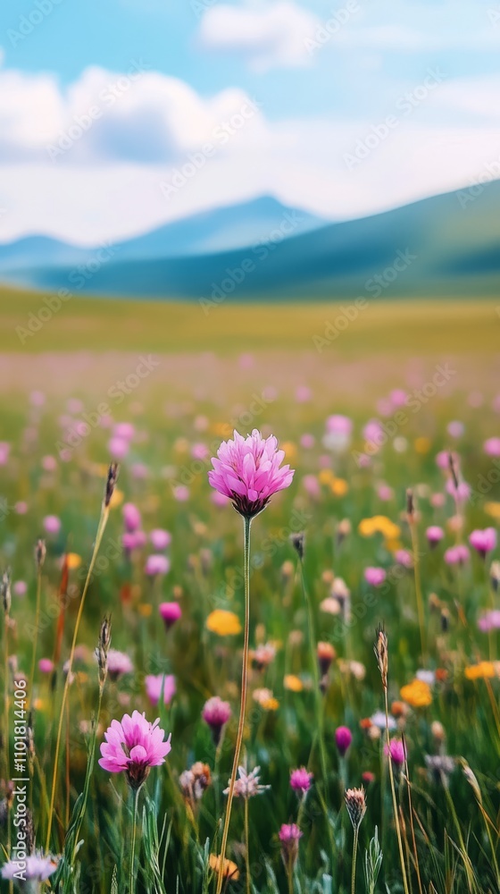 Obraz premium Bright pink flowers bloom in a vast meadow under a clear blue sky with distant mountains