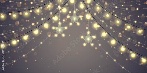 Golden Christmas glowing garlands with sparks. For congratulations, invitations