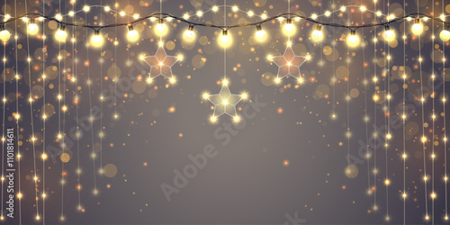 Golden Christmas glowing garlands with sparks. For congratulations, invitations