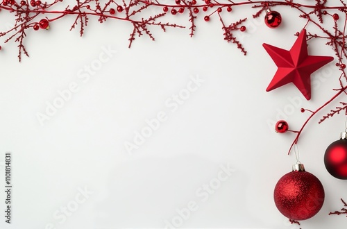 Decorative red Christmas ornaments hanging on a light background for festive ...