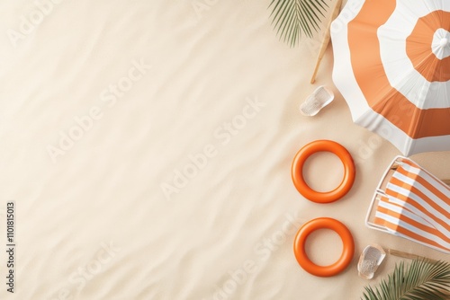 Bright beach accessories on sandy shore ready for summer relaxation and fun