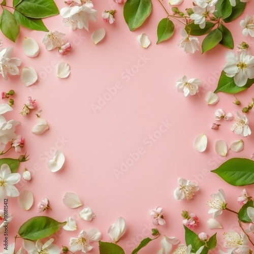 Flower petals and green leaves arranged on soft pink background for spring de...