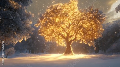 Glowing tree in snowy winter forest at dusk.