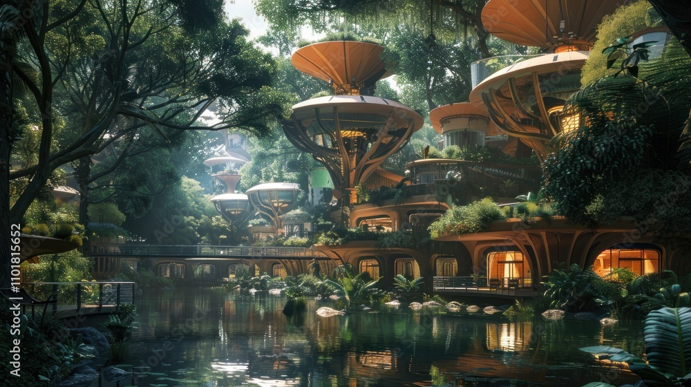 Fototapeta premium A futuristic eco-village with tree-like structures surrounded by lush greenery and water.