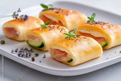 Delicious cucumber rolls with creamy filling and prosciutto on a white plate