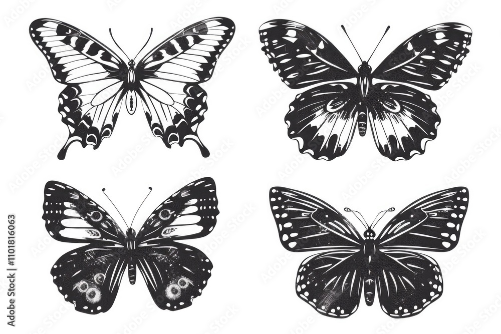 Four beautiful black and white butterflies on a plain background Four beautiful black and white butterflies on a plain background