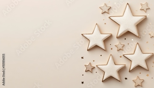 Decorative stars in metallic shades arranged on a light background for festiv...