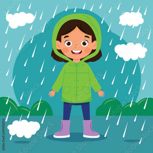 Cute girl enjoying the rain. The kid is wearing a raincoat. Rainy day vector illustration with a happy girl in rubber boots