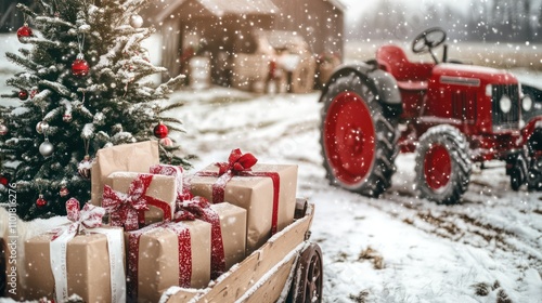 Wooden Cart Filled with Christmas Gifts and Red Tractor in Snowy Farmyard Next to Decorated Christmas Tree. Winter Holiday Scene