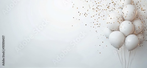 Decorative design with white spheres and golden glitter on a blank background