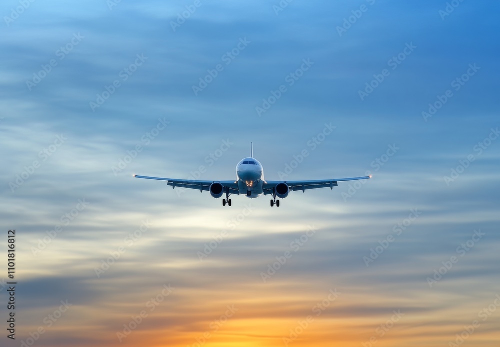 An aircraft gliding through the evening sky, painted with sunset colors. An aircraft gliding through the evening sky, painted with sunset colors.