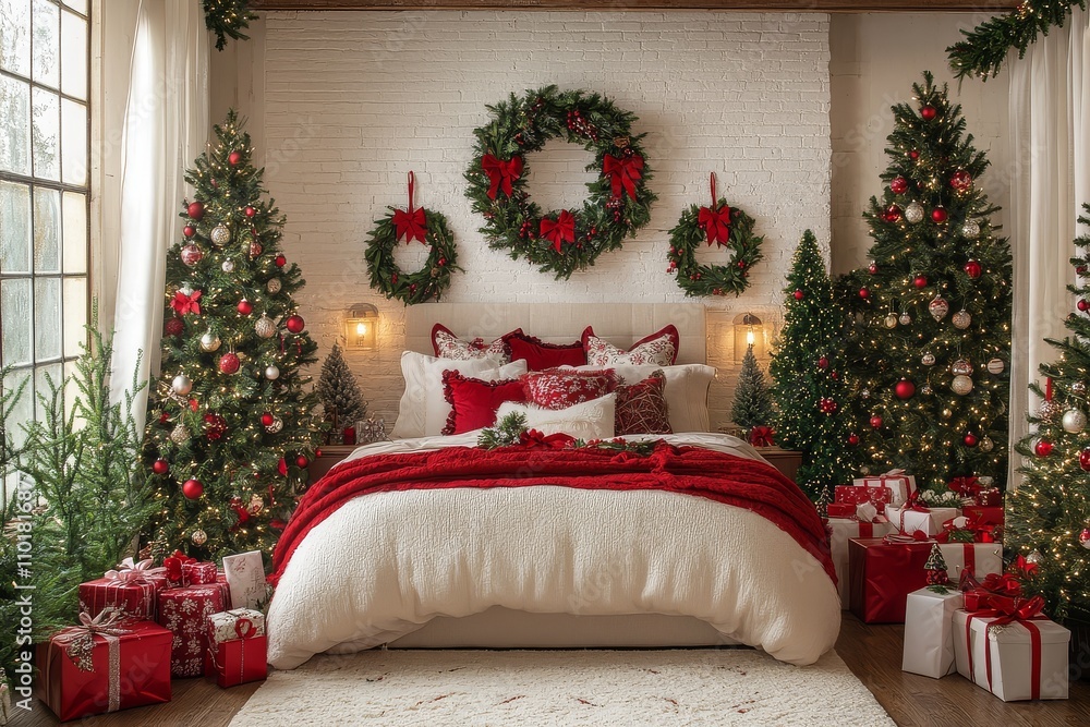 New Year-themed bedroom decorated with Christmas trees, wreaths, red gifts, and a white brick wall, creating a festive and cozy atmosphere for the holidays. New Year-themed bedroom decorated with Christmas trees, wreaths, red gifts, and a white brick wall, creating a festive and cozy atmosphere for the holidays.