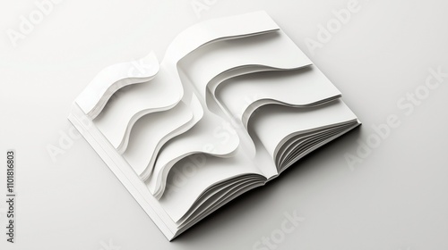 Open book with creatively cut pages forming abstract wavy patterns on a neutral background, showcasing artistic paper design.