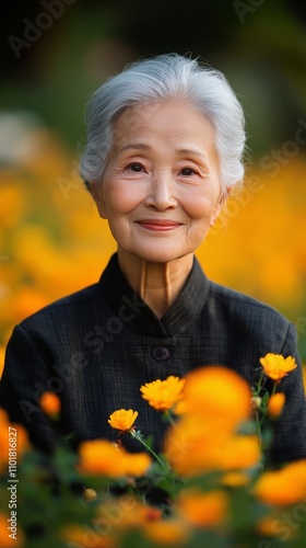 Elderly woman smiling among vibrant yellow flowers in a garden setting