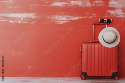 Bright red suitcase with hat and sunglasses against a vibrant wall backdrop