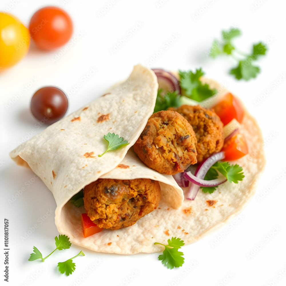Tortilla wrap with falafel and vegetables on white background Tortilla wrap with falafel and vegetables on white background