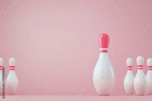 Bowling pins arranged on a pink background with a minimalist design aesthetic...