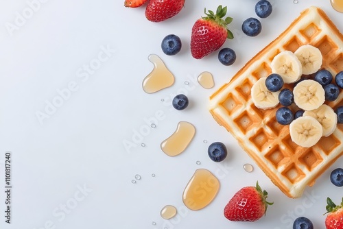Delicious breakfast with waffles topped with fresh fruit and syrup on a light...