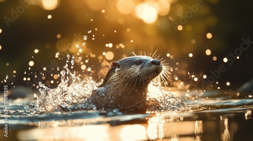 A river otter emerging from the water with a playful splash, droplets scattering in the sunlight. photo