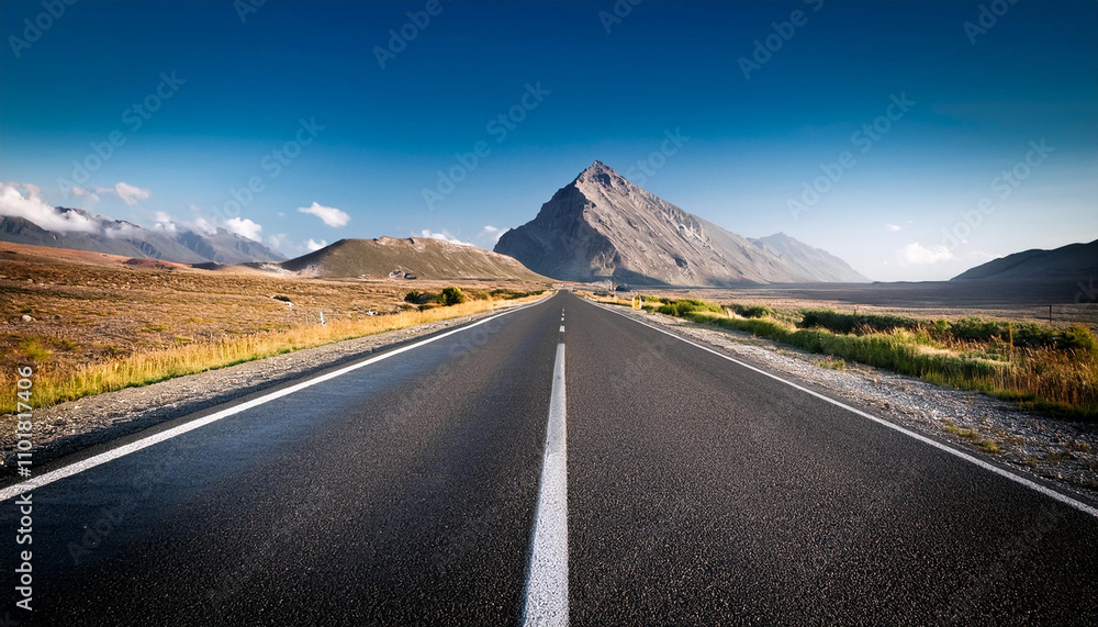 Naklejka premium long empty road with a mountain in the background
