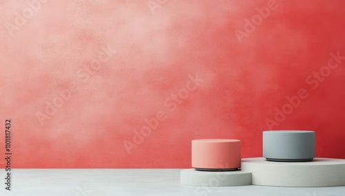 Pink cylindrical containers on a pastel background in a minimalist setting
