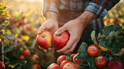 Farmer picking apples with his bare hands during sunrise photo