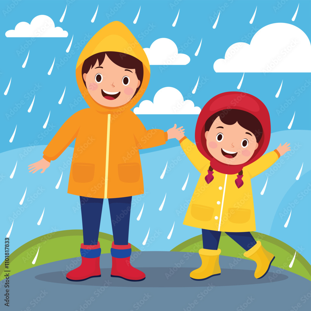 Cute girl enjoying the rain. The kid is wearing a raincoat. Rainy day vector illustration with a happy girl in rubber boots Cute girl enjoying the rain. The kid is wearing a raincoat. Rainy day vector illustration with a happy girl in rubber boots