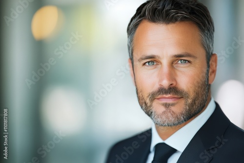 Professional man in suit poses confidently with urban backdrop during a sunny...