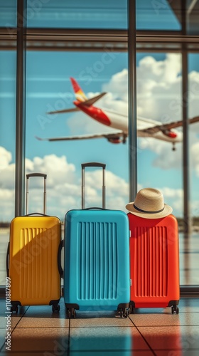 Bright suitcases with hats waiting at airport terminal as plane prepares for ...