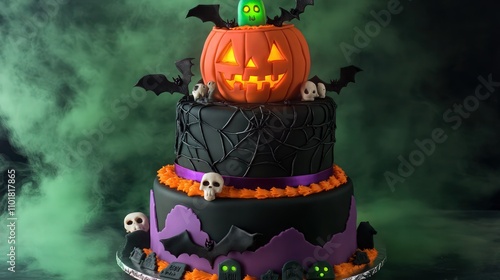 A three-tiered Halloween cake designed in shades of black, purple, and orange. 