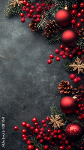 Festive winter decorations featuring ornaments and pine cones on dark background