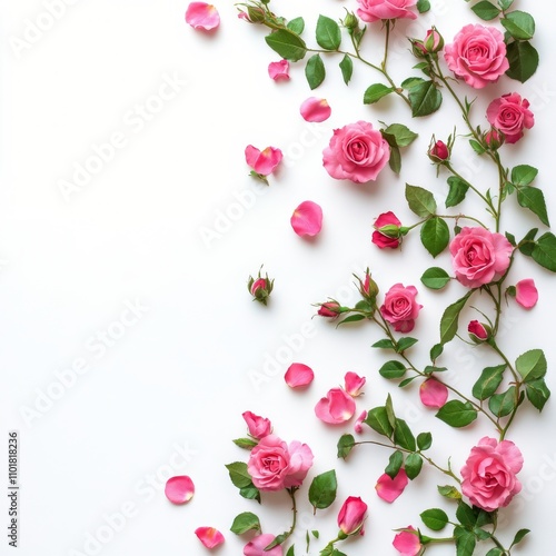 Soft pink roses arranged with petals on a white surface creating a serene dec...
