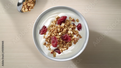 Delicious yogurt bowl topped with granola and cranberries served in a white dish