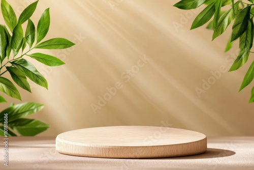 Natural wood platform surrounded by green leaves in soft light setting