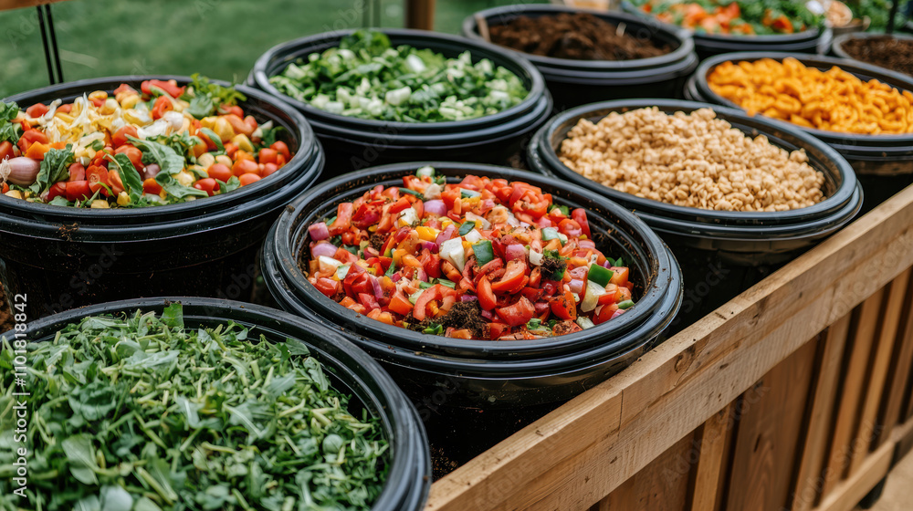 Fototapeta premium Food Waste Management Circular Economy Concept. Vibrant salad bar with fresh vegetables and toppings in rustic bowls.