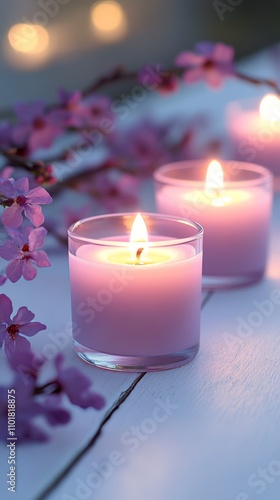 Soft glow of pink candles surrounded by cherry blossoms in tranquil setting d...